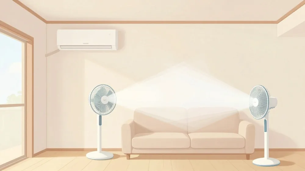 エアコンの冷気はサーキュレーターで部屋に回し、扇風機は自分のまわりに。役割を分けると両方が効く（イメージ画像）