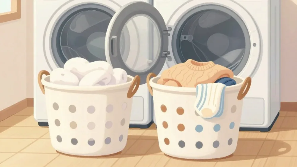 縮みやすいニットや靴下は分けておき、タオルなど丈夫なものとは別に乾かす（イメージ画像）