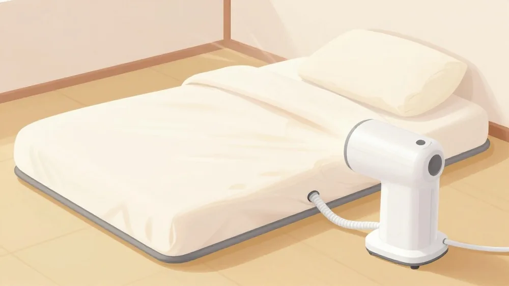 掛け布団と敷き布団のあいだにホースを差し込み、足もとから胸のあたりへ温風を通す（イメージ画像）