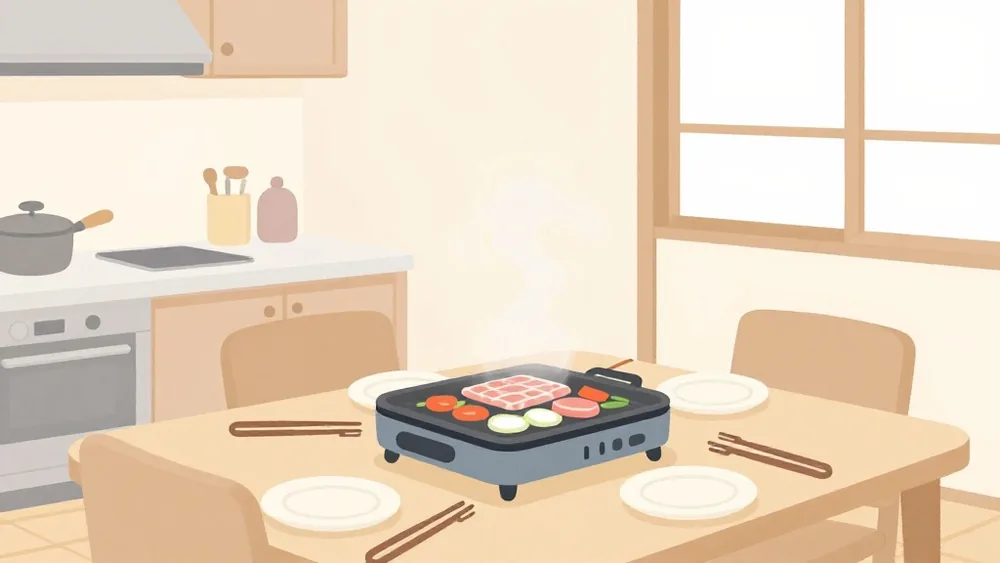平面プレートのホットプレートは焼くのが得意。焼肉やお好み焼きを大人数で囲む人向き（イメージ画像）