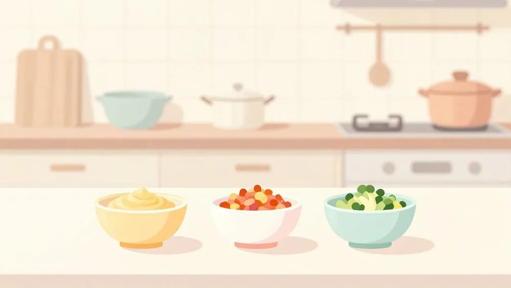 離乳食は時期でかたさが変わる。初期はなめらかなペースト、中期は粗つぶし、後期はみじん切りへと段階的に(イメージ画像)