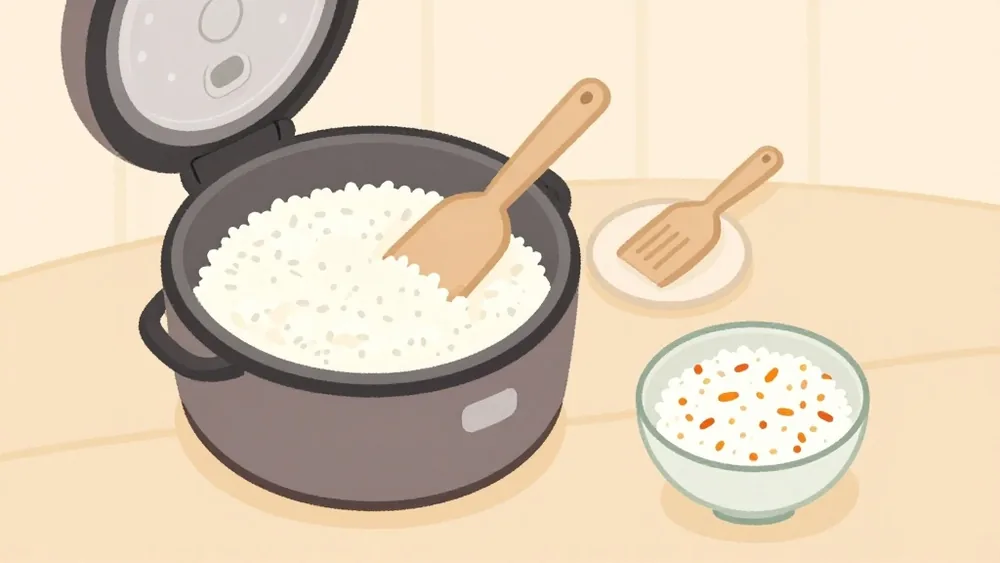 しゃもじを入れたまま、冷めたご飯の継ぎ足し、炊き込みご飯の保温は避ける（イメージ画像）
