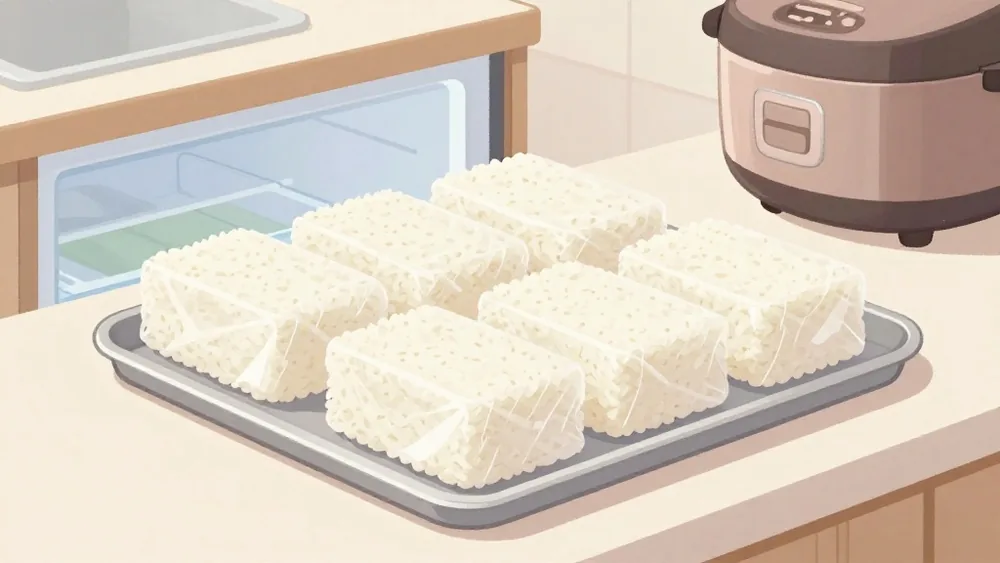 炊きたてを茶碗1杯分ずつ平たくラップで包み、粗熱を取ってから金属トレーにのせて冷凍する（イメージ画像）