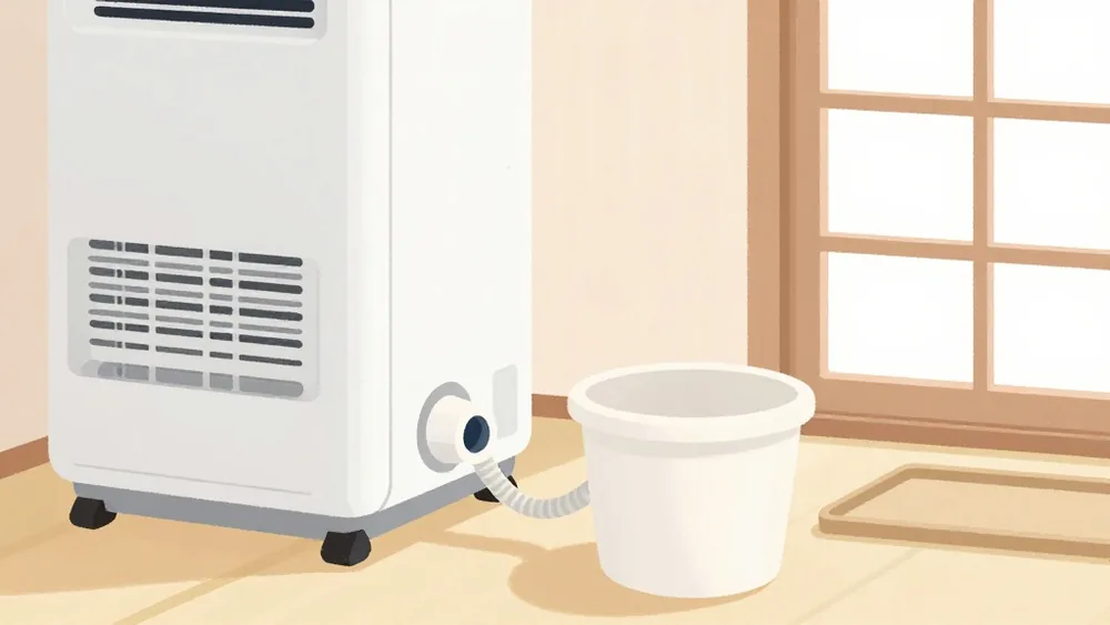 下部の排水口から容器で受けるか、ドレンホースをつないで連続排水にするかの2択（イメージ画像）